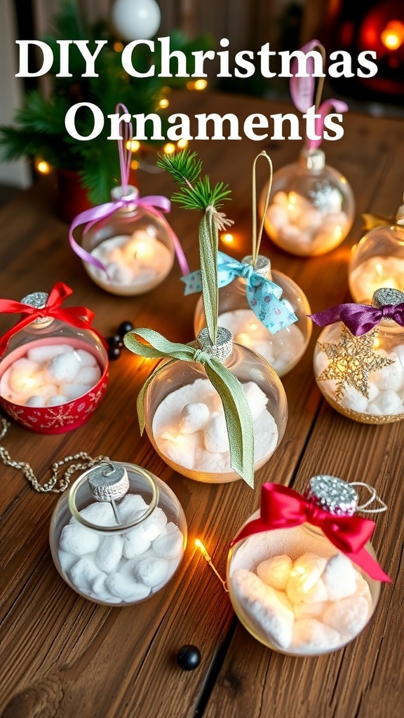 DIY Christmas Aesthetic Ornaments A variety of DIY Christmas ornaments in different styles, colors, and textures on a wooden table.